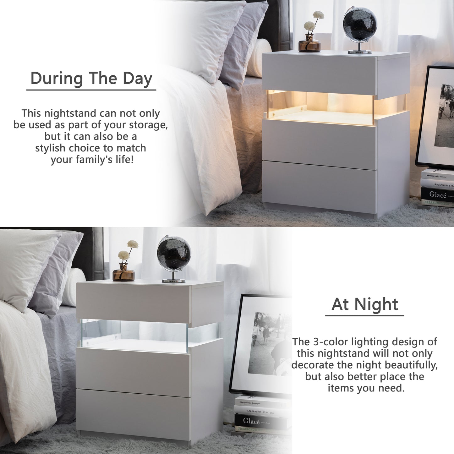 LED Nightstands 3 Drawer Dresser for Bedroom End Table with Acrylic Board LED Bedside Tables for Bedroom Living Room Bedside Furniture (White)