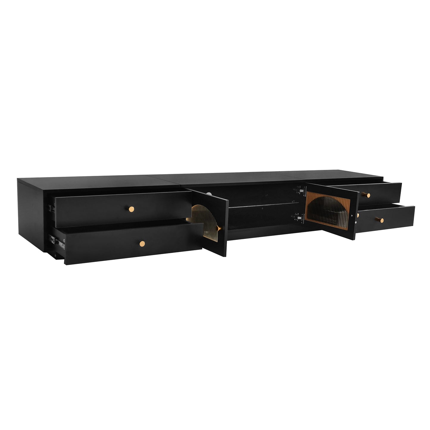 ON-TREND Luxurious TV Stand with Fluted Glass Doors, Elegant and Functional Media Console for TVs Up to 95'', Tempered Glass Shelf TV Cabinet with Multiple Storage Options, Black