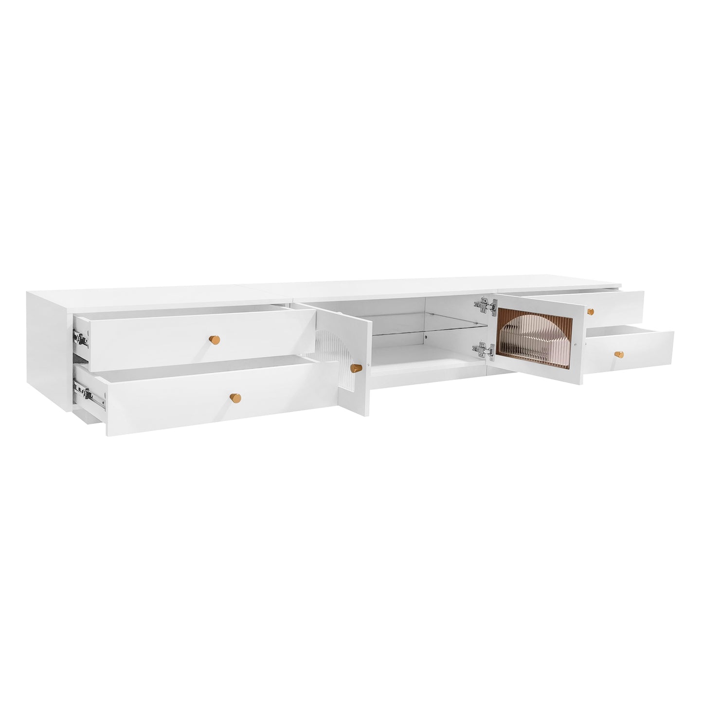 ON-TREND Luxurious TV Stand with Fluted Glass Doors, Elegant and Functional Media Console for TVs Up to 95'', Tempered Glass Shelf TV Cabinet with Multiple Storage Options, White