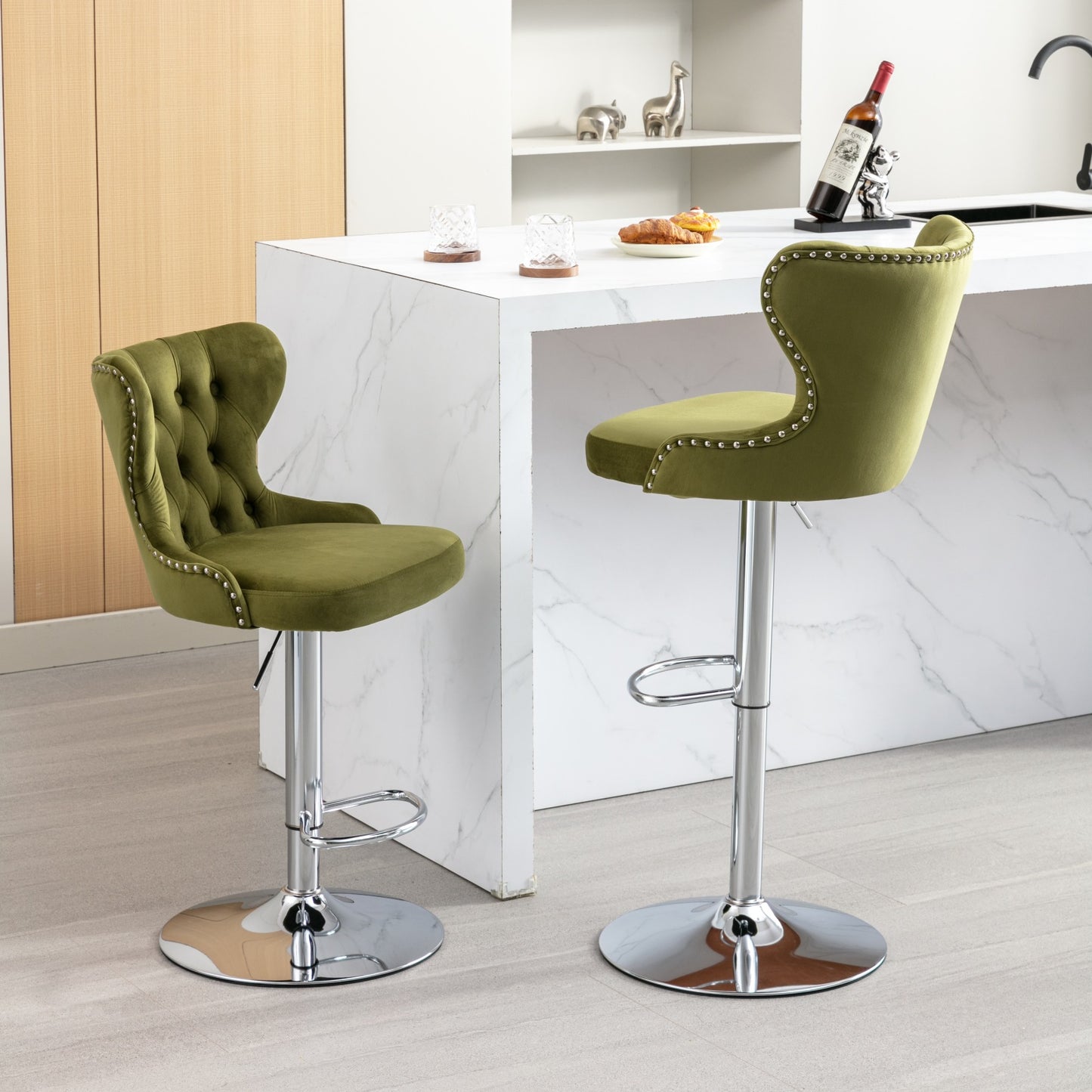 （缺货）Swivel Velvet Barstools Adjusatble Seat Height from 25-33 Inch, Modern Upholstered Chrome base Bar Stools with Backs Comfortable Tufted for Home Pub and Kitchen Island,Olive-Green, SW1844OL,Set of 2