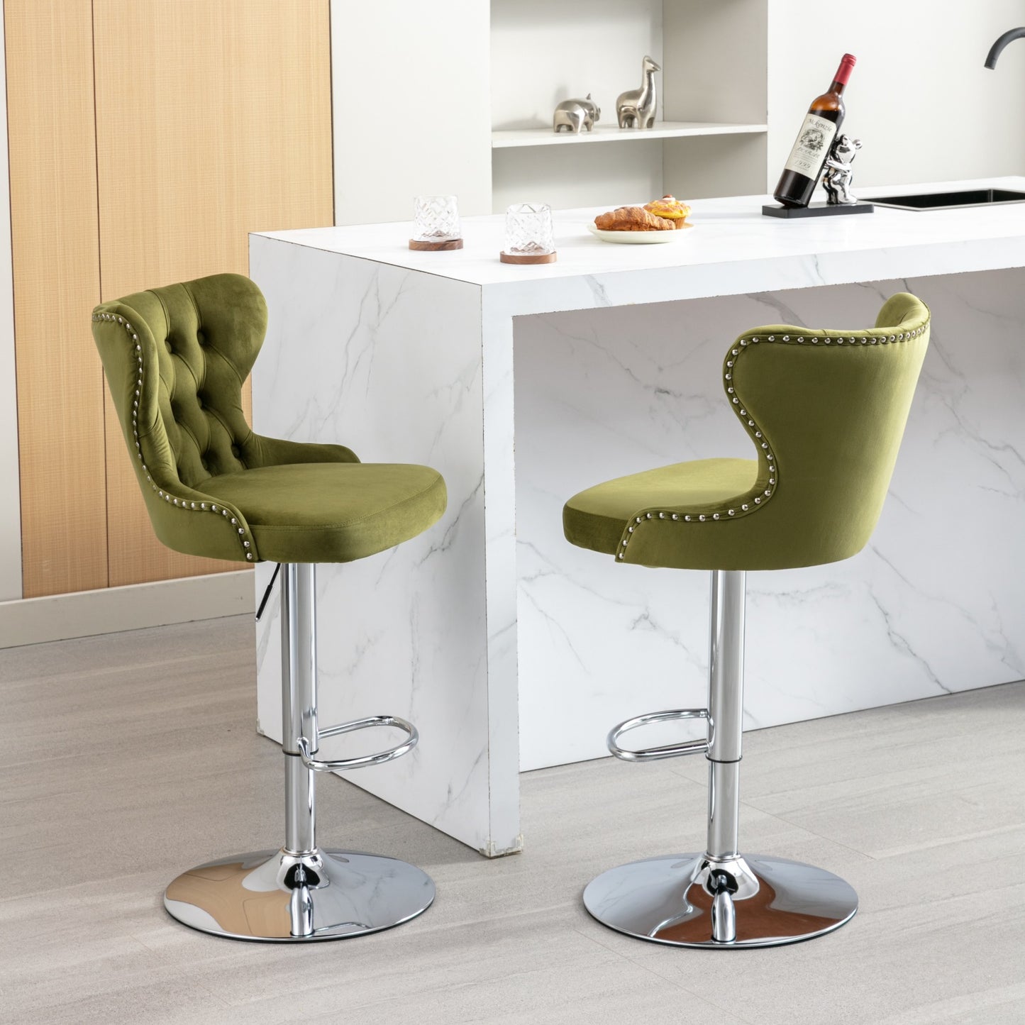 （缺货）Swivel Velvet Barstools Adjusatble Seat Height from 25-33 Inch, Modern Upholstered Chrome base Bar Stools with Backs Comfortable Tufted for Home Pub and Kitchen Island,Olive-Green, SW1844OL,Set of 2