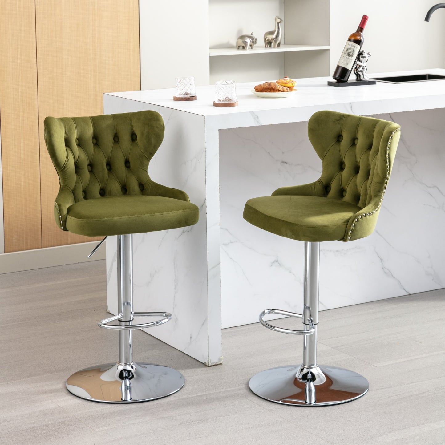 （缺货）Swivel Velvet Barstools Adjusatble Seat Height from 25-33 Inch, Modern Upholstered Chrome base Bar Stools with Backs Comfortable Tufted for Home Pub and Kitchen Island,Olive-Green, SW1844OL,Set of 2