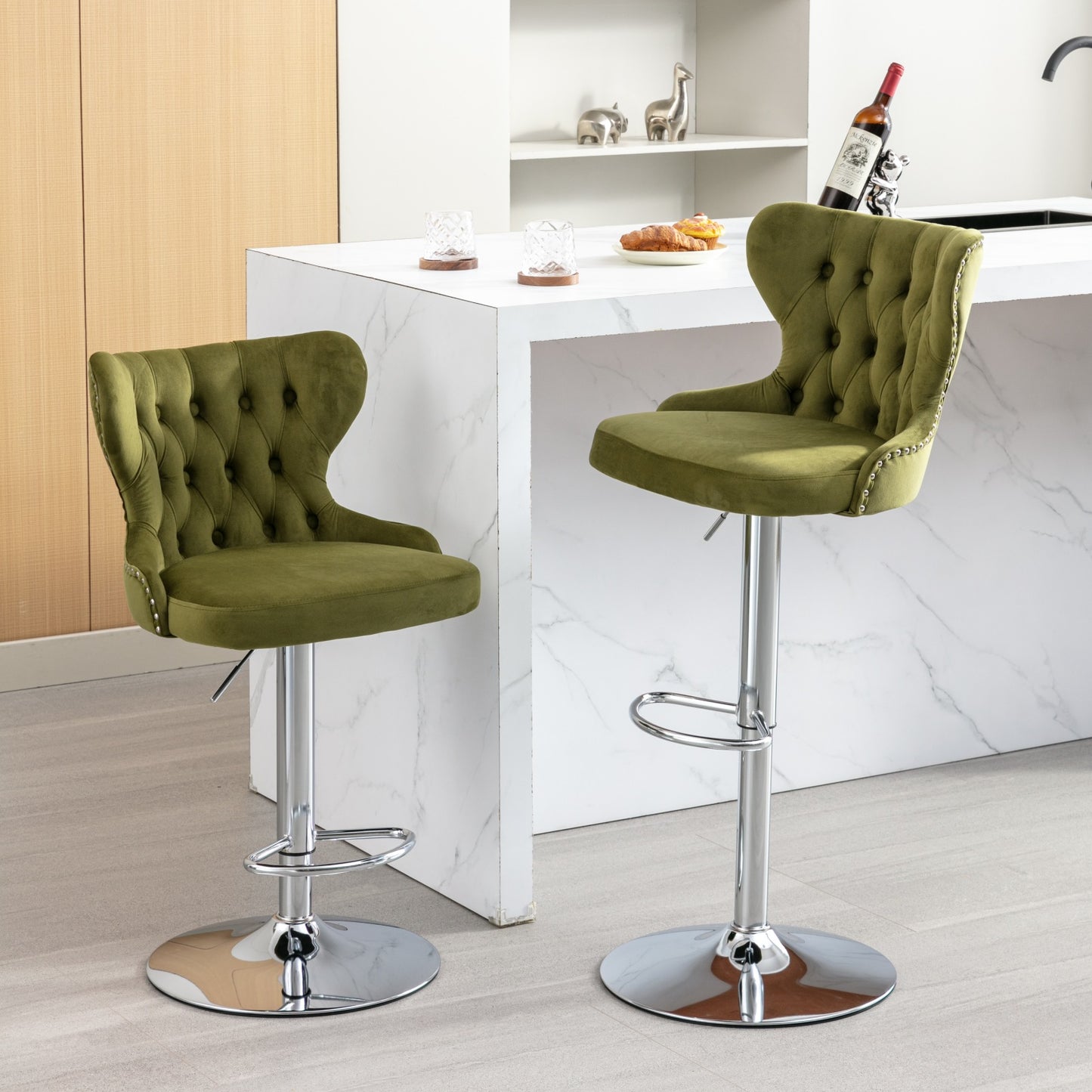 （缺货）Swivel Velvet Barstools Adjusatble Seat Height from 25-33 Inch, Modern Upholstered Chrome base Bar Stools with Backs Comfortable Tufted for Home Pub and Kitchen Island,Olive-Green, SW1844OL,Set of 2