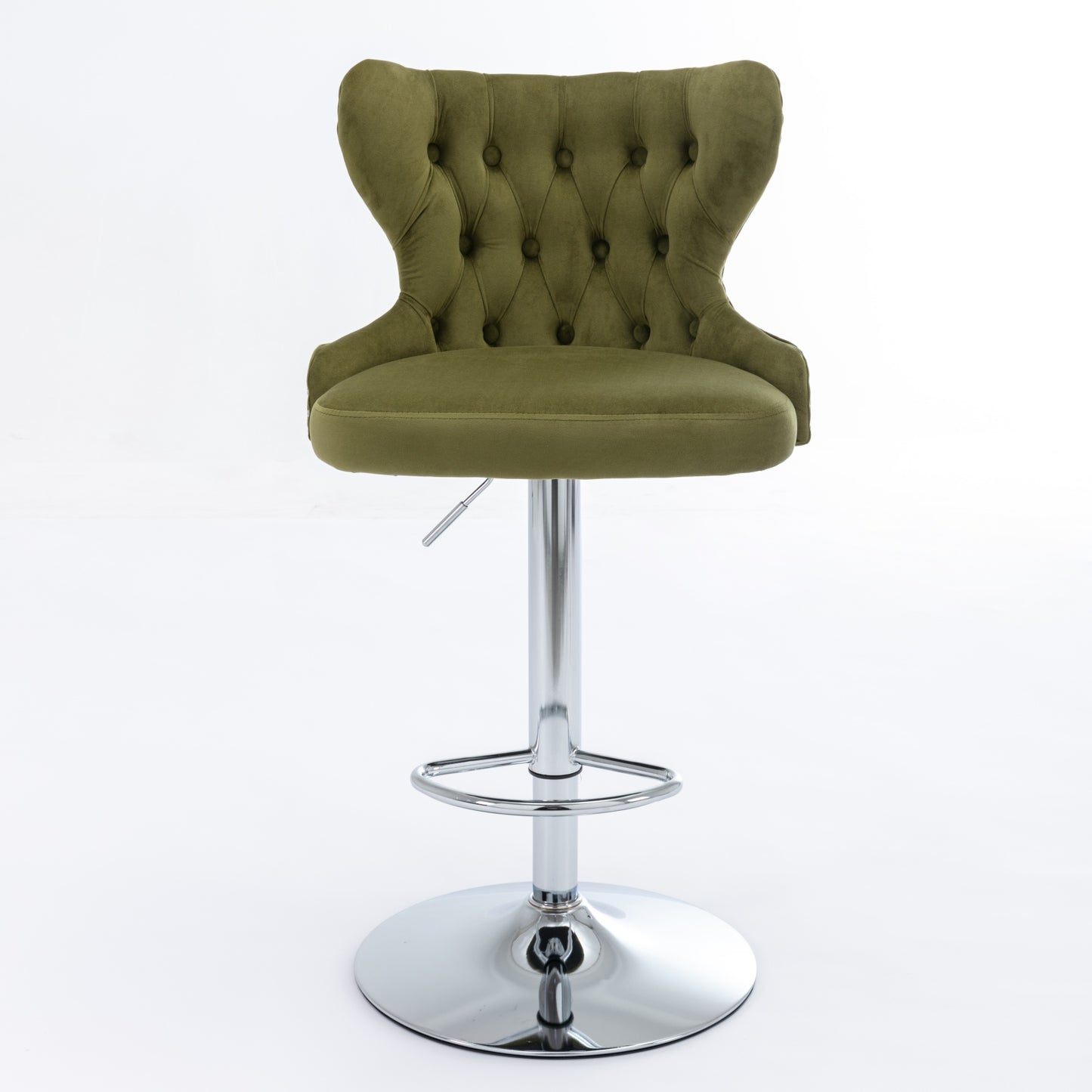 （缺货）Swivel Velvet Barstools Adjusatble Seat Height from 25-33 Inch, Modern Upholstered Chrome base Bar Stools with Backs Comfortable Tufted for Home Pub and Kitchen Island,Olive-Green, SW1844OL,Set of 2