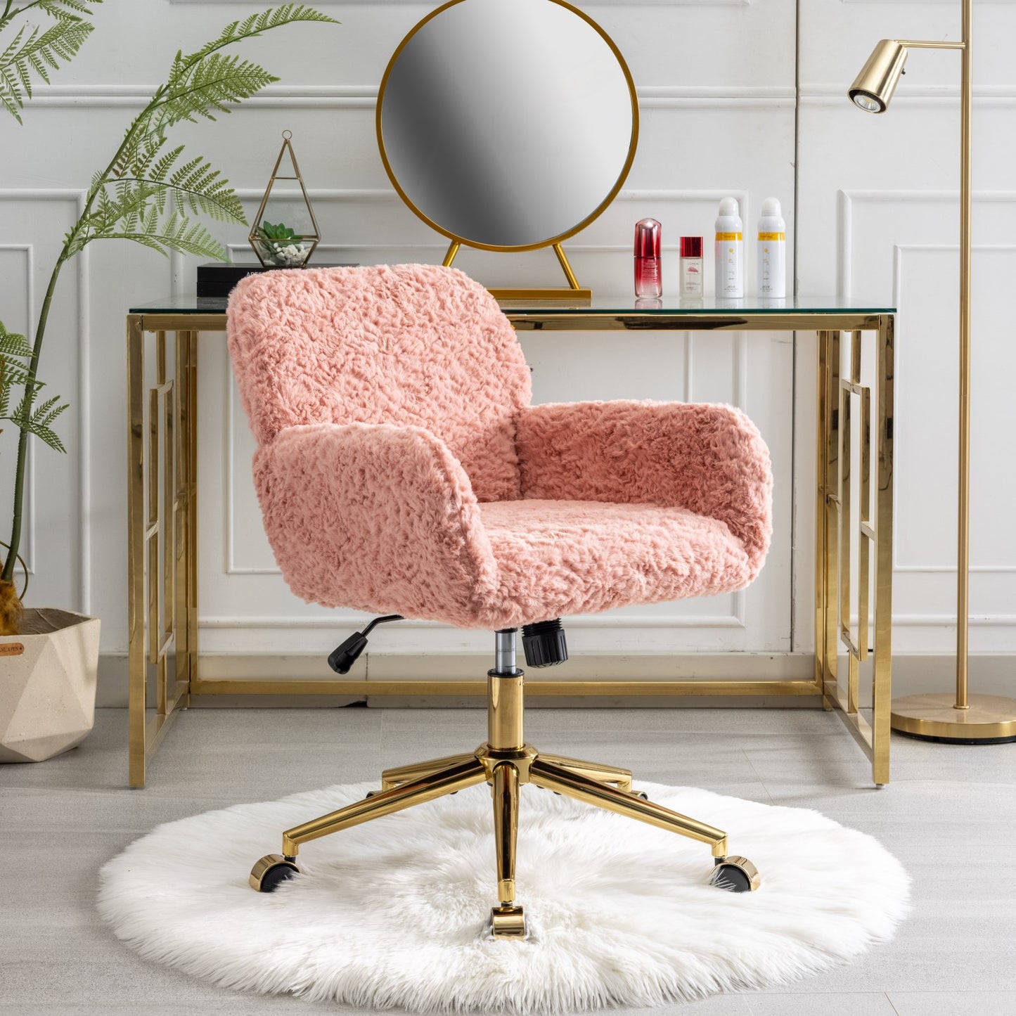 （预计20251.15-1.22到货）A&A Furniture Office Chair,Artificial rabbit hair Home Office Chair with Golden Metal Base,Adjustable Desk Chair Swivel Office Chair,Vanity Chair(Pink)