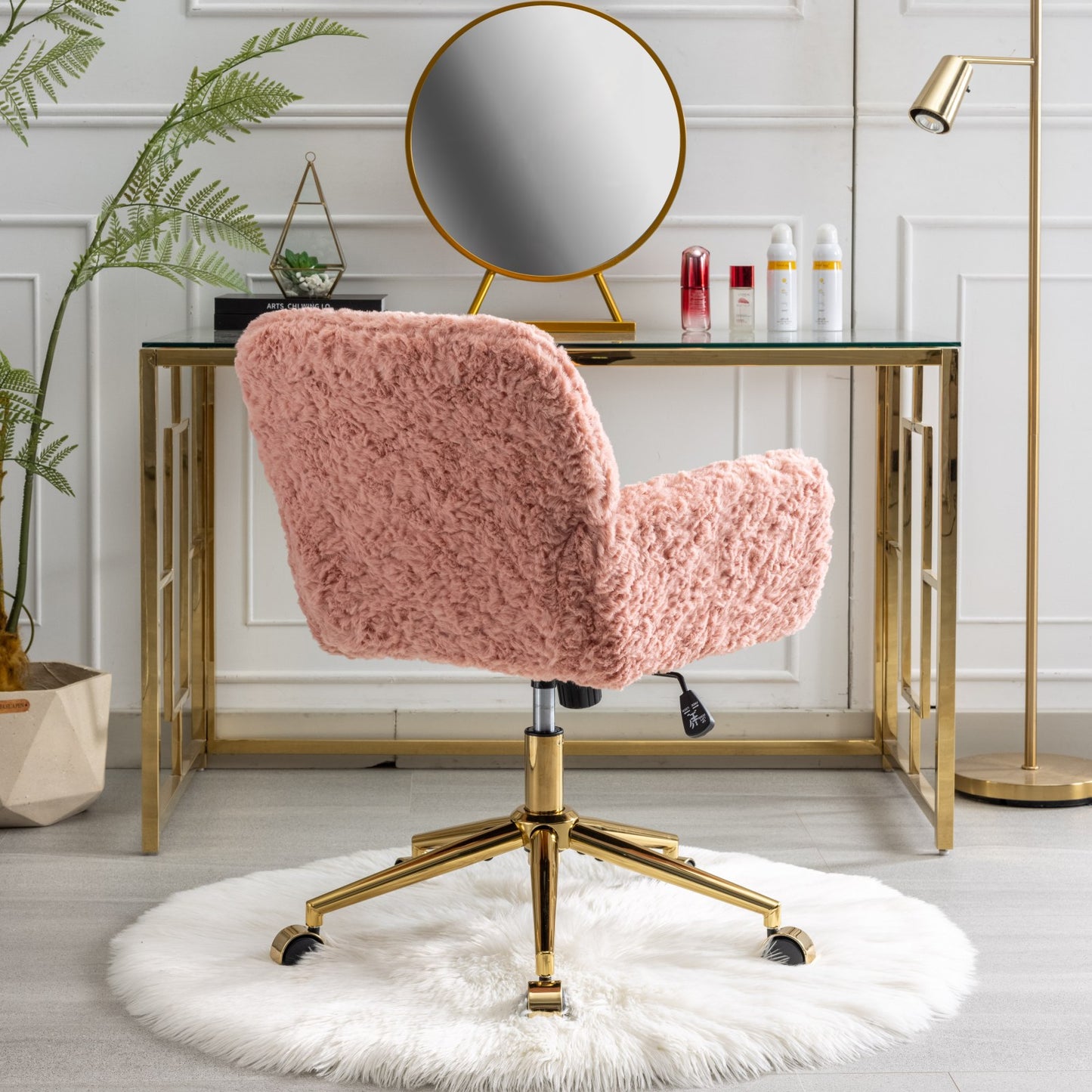 （预计20251.15-1.22到货）A&A Furniture Office Chair,Artificial rabbit hair Home Office Chair with Golden Metal Base,Adjustable Desk Chair Swivel Office Chair,Vanity Chair(Pink)