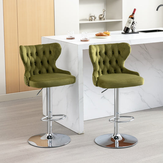 （缺货）Swivel Velvet Barstools Adjusatble Seat Height from 25-33 Inch, Modern Upholstered Chrome base Bar Stools with Backs Comfortable Tufted for Home Pub and Kitchen Island,Olive-Green, SW1844OL,Set of 2