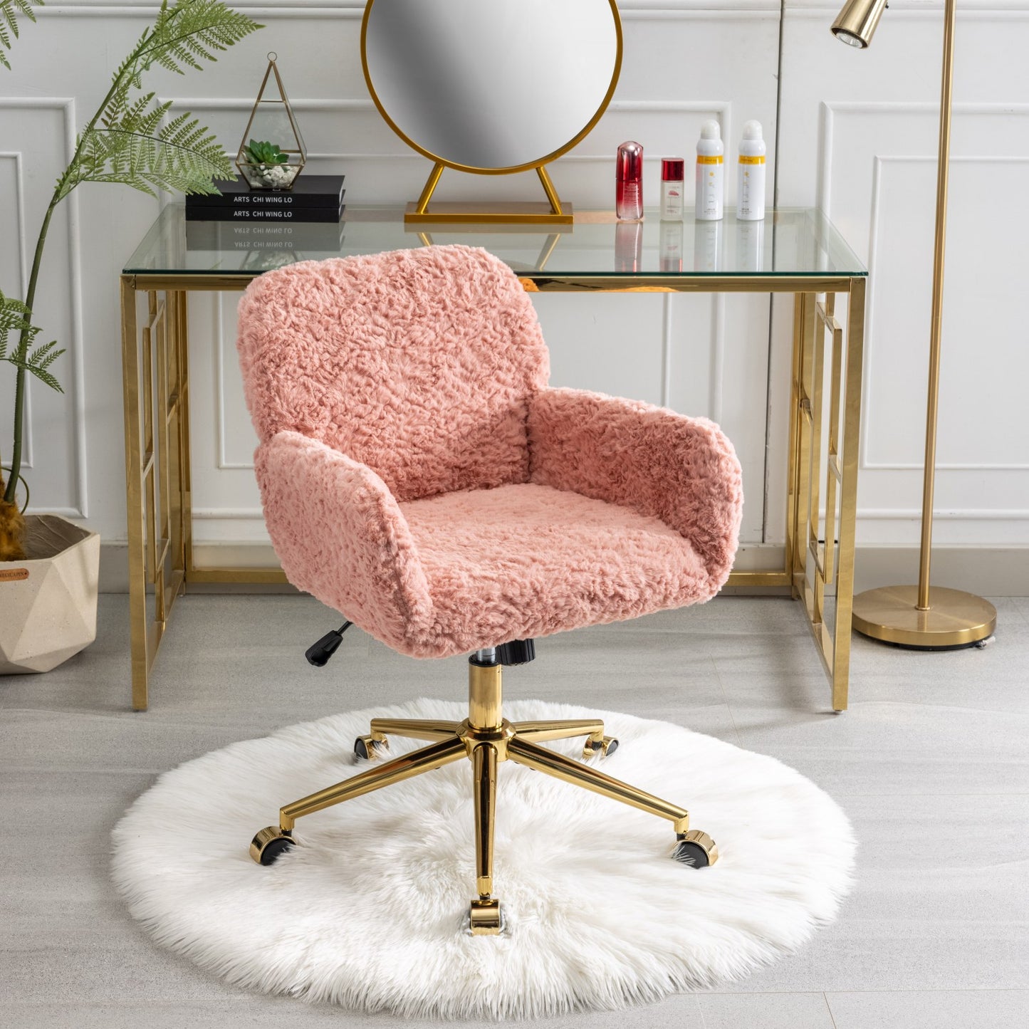 （预计20251.15-1.22到货）A&A Furniture Office Chair,Artificial rabbit hair Home Office Chair with Golden Metal Base,Adjustable Desk Chair Swivel Office Chair,Vanity Chair(Pink)