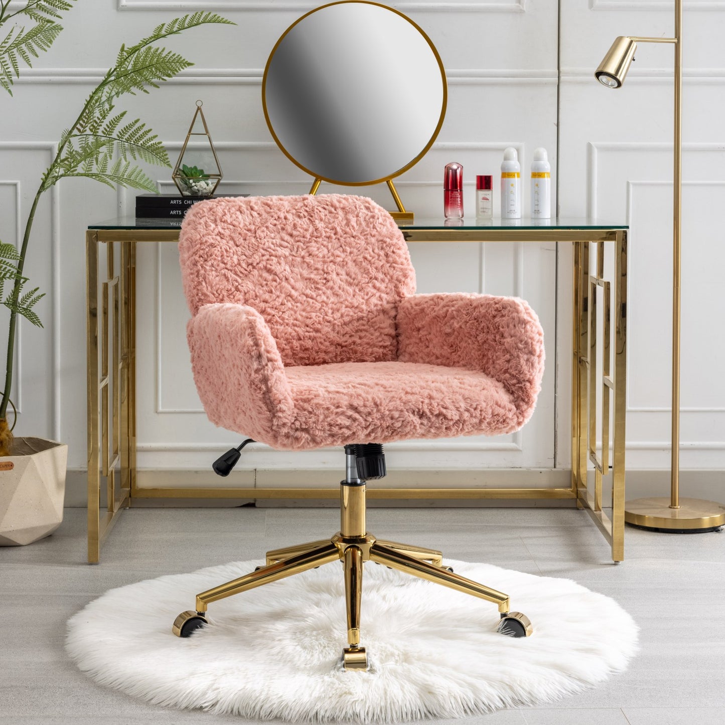 （预计20251.15-1.22到货）A&A Furniture Office Chair,Artificial rabbit hair Home Office Chair with Golden Metal Base,Adjustable Desk Chair Swivel Office Chair,Vanity Chair(Pink)