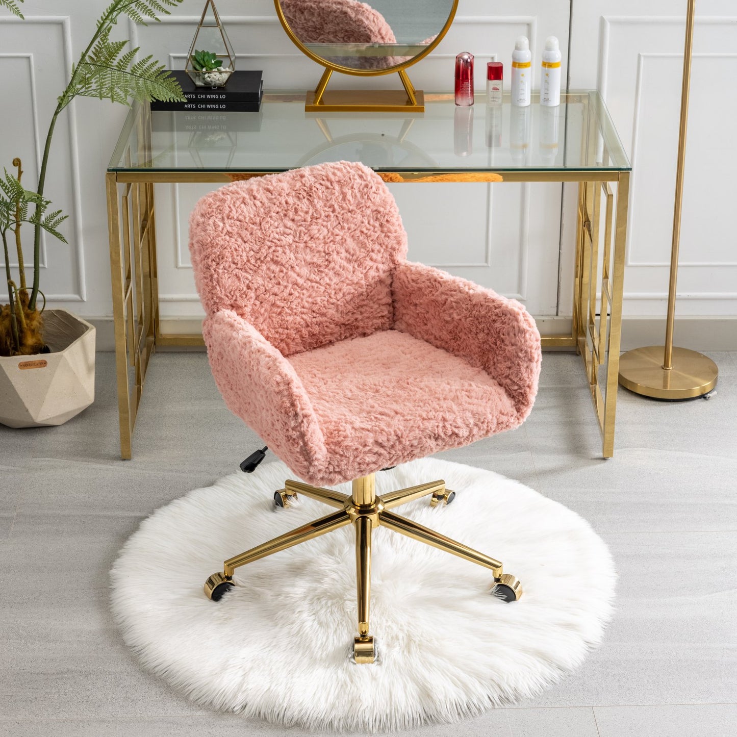 （预计20251.15-1.22到货）A&A Furniture Office Chair,Artificial rabbit hair Home Office Chair with Golden Metal Base,Adjustable Desk Chair Swivel Office Chair,Vanity Chair(Pink)