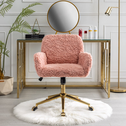 （预计20251.15-1.22到货）A&A Furniture Office Chair,Artificial rabbit hair Home Office Chair with Golden Metal Base,Adjustable Desk Chair Swivel Office Chair,Vanity Chair(Pink)