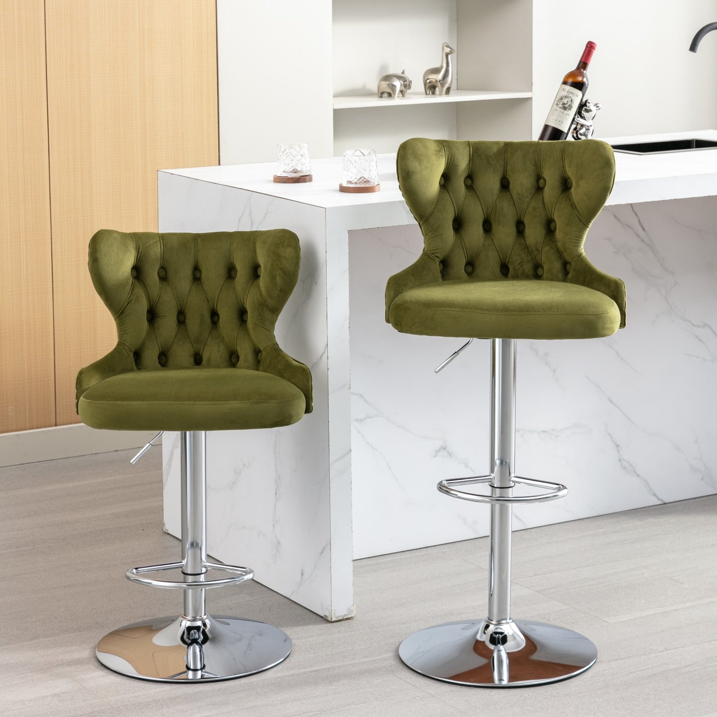 （缺货）Swivel Velvet Barstools Adjusatble Seat Height from 25-33 Inch, Modern Upholstered Chrome base Bar Stools with Backs Comfortable Tufted for Home Pub and Kitchen Island,Olive-Green, SW1844OL,Set of 2