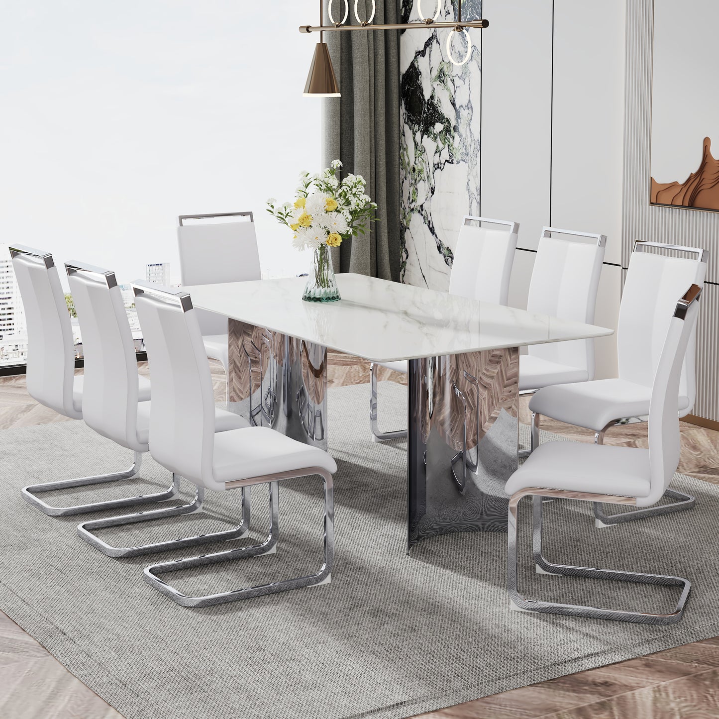 Modern minimalist dining table. The white imitation marble glass desktop is equipped with silver metal legs. Suitable for restaurants and living rooms 71" *39.3" *29.5" DT-69