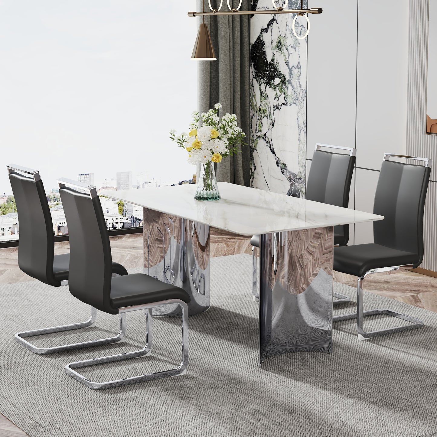 Modern minimalist dining table. White imitation marble glass sticker desktop, stainless steel legs, stable and beautiful. Suitable for living room and dining room 63" *35.4" *29.5" DT-69