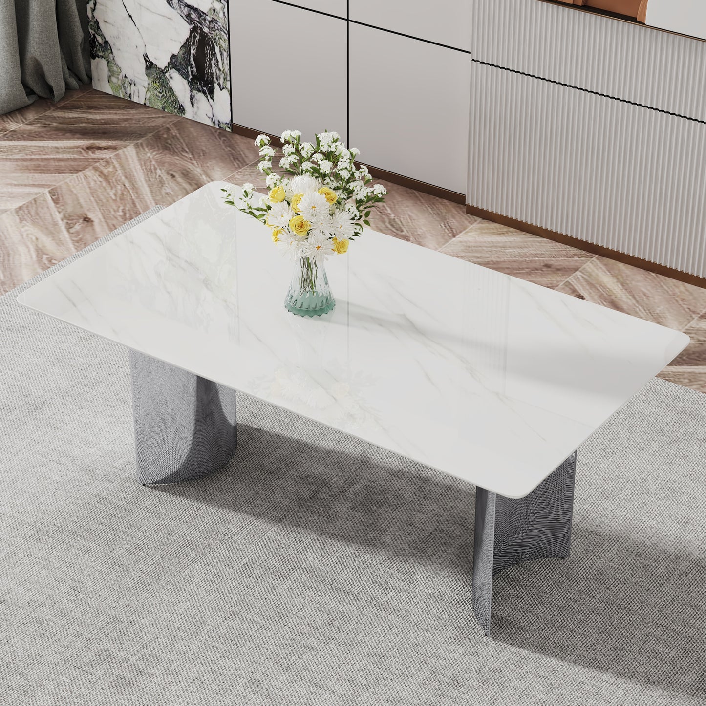 Modern minimalist dining table. The white imitation marble glass desktop is equipped with silver metal legs. Suitable for restaurants and living rooms 71" *39.3" *29.5" DT-69