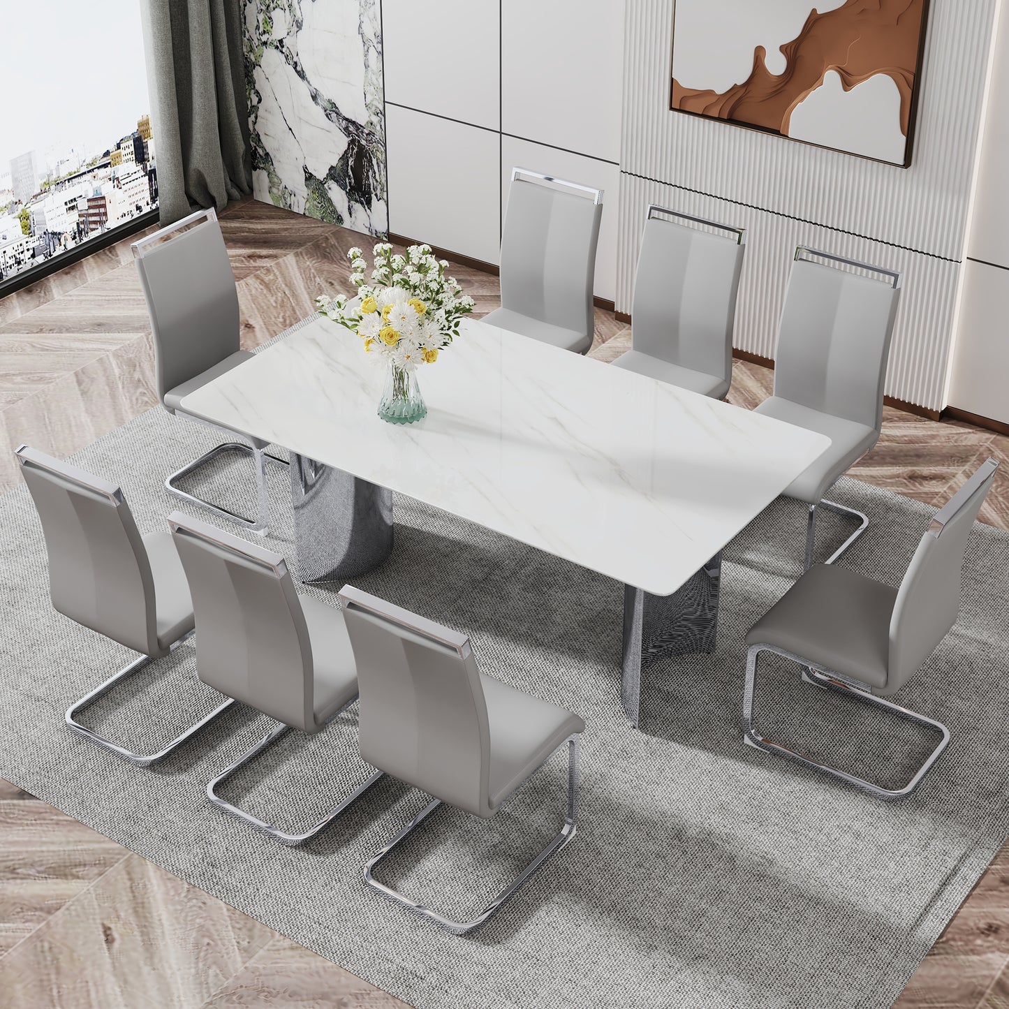 Modern minimalist dining table. The white imitation marble glass desktop is equipped with silver metal legs. Suitable for restaurants and living rooms 71" *39.3" *29.5" DT-69