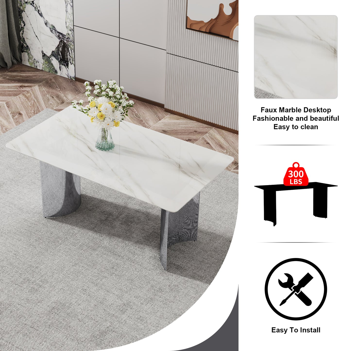 Modern minimalist dining table. White imitation marble glass sticker desktop, stainless steel legs, stable and beautiful. Suitable for living room and dining room 63" *35.4" *29.5" DT-69