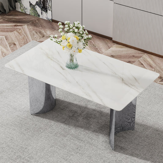 Modern minimalist dining table. White imitation marble glass sticker desktop, stainless steel legs, stable and beautiful. Suitable for living room and dining room 63" *35.4" *29.5" DT-69