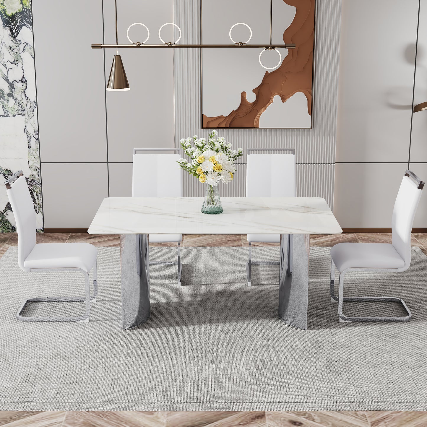 Modern minimalist dining table. White imitation marble glass sticker desktop, stainless steel legs, stable and beautiful. Suitable for living room and dining room 63" *35.4" *29.5" DT-69