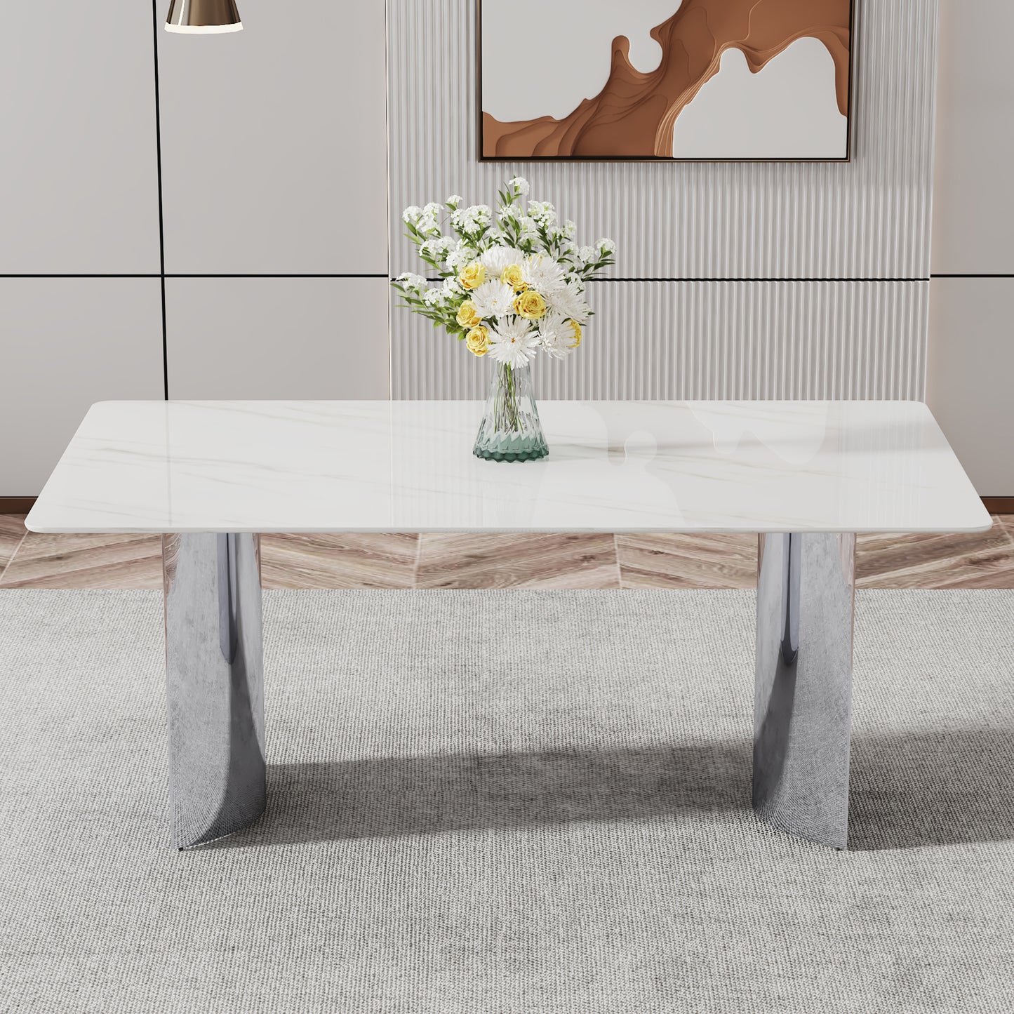 Modern minimalist dining table. The white imitation marble glass desktop is equipped with silver metal legs. Suitable for restaurants and living rooms 71" *39.3" *29.5" DT-69