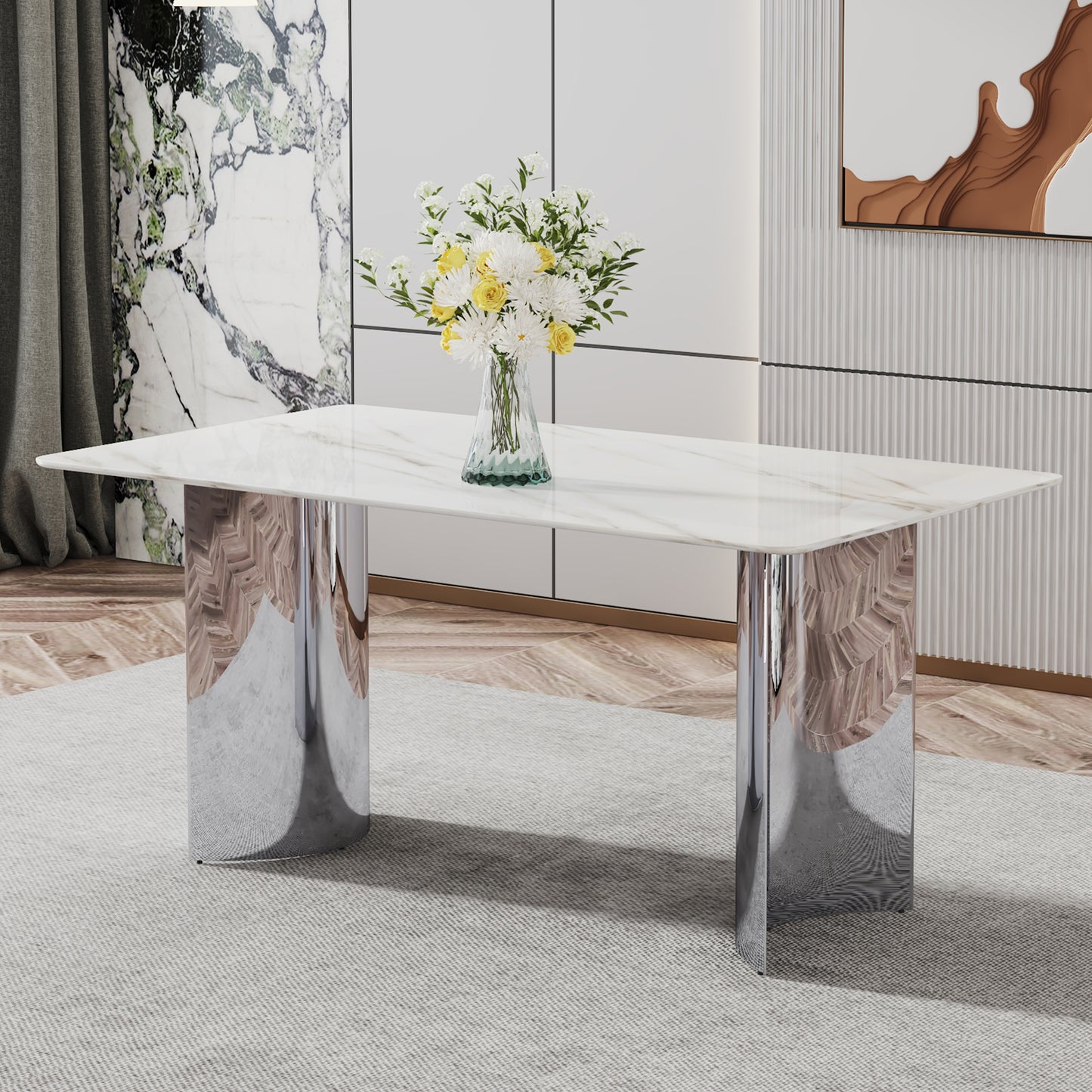 Modern minimalist dining table. White imitation marble glass sticker desktop, stainless steel legs, stable and beautiful. Suitable for living room and dining room 63" *35.4" *29.5" DT-69