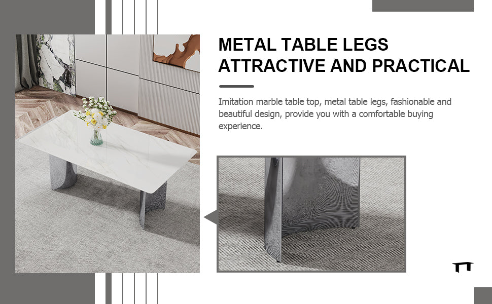 Modern minimalist dining table. The white imitation marble glass desktop is equipped with silver metal legs. Suitable for restaurants and living rooms 71" *39.3" *29.5" DT-69