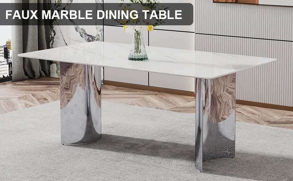 Modern minimalist dining table. The white imitation marble glass desktop is equipped with silver metal legs. Suitable for restaurants and living rooms 71" *39.3" *29.5" DT-69