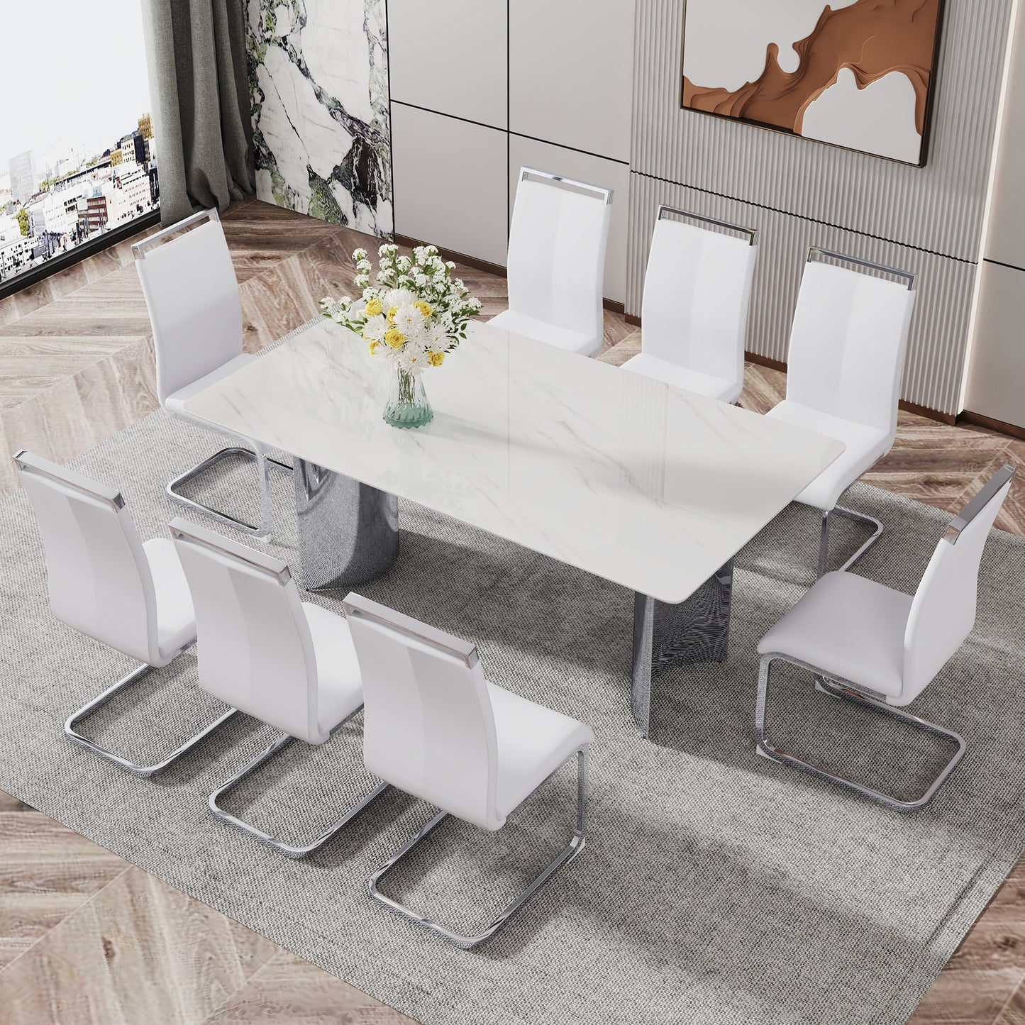 Modern minimalist dining table. The white imitation marble glass desktop is equipped with silver metal legs. Suitable for restaurants and living rooms 71" *39.3" *29.5" DT-69