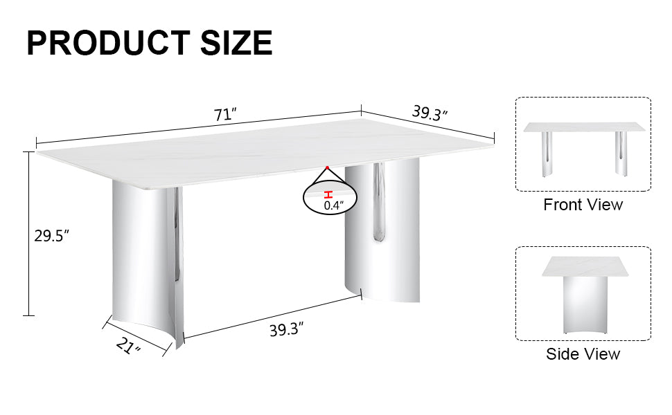 Modern minimalist dining table. The white imitation marble glass desktop is equipped with silver metal legs. Suitable for restaurants and living rooms 71" *39.3" *29.5" DT-69