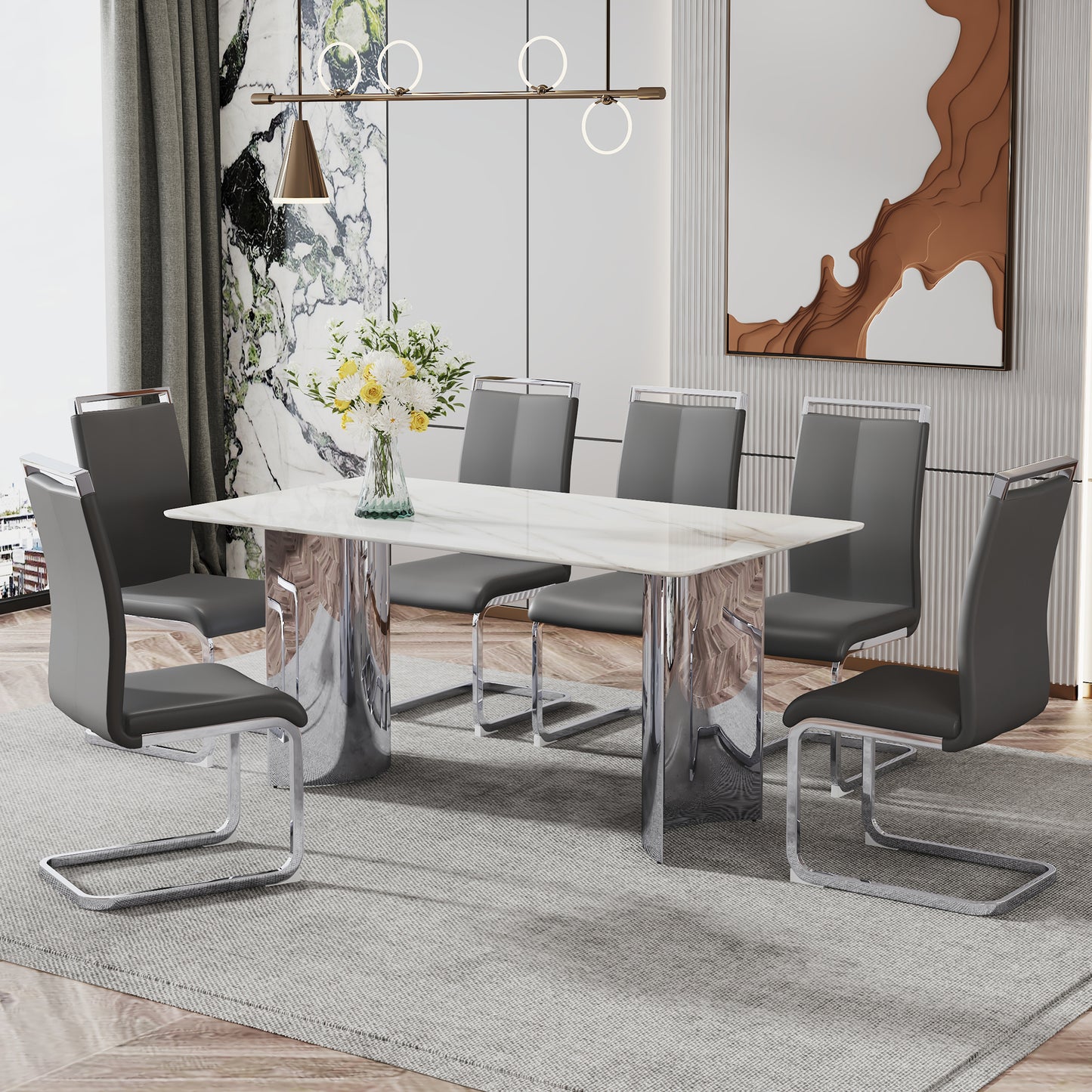 Modern minimalist dining table. White imitation marble glass sticker desktop, stainless steel legs, stable and beautiful. Suitable for living room and dining room 63" *35.4" *29.5" DT-69