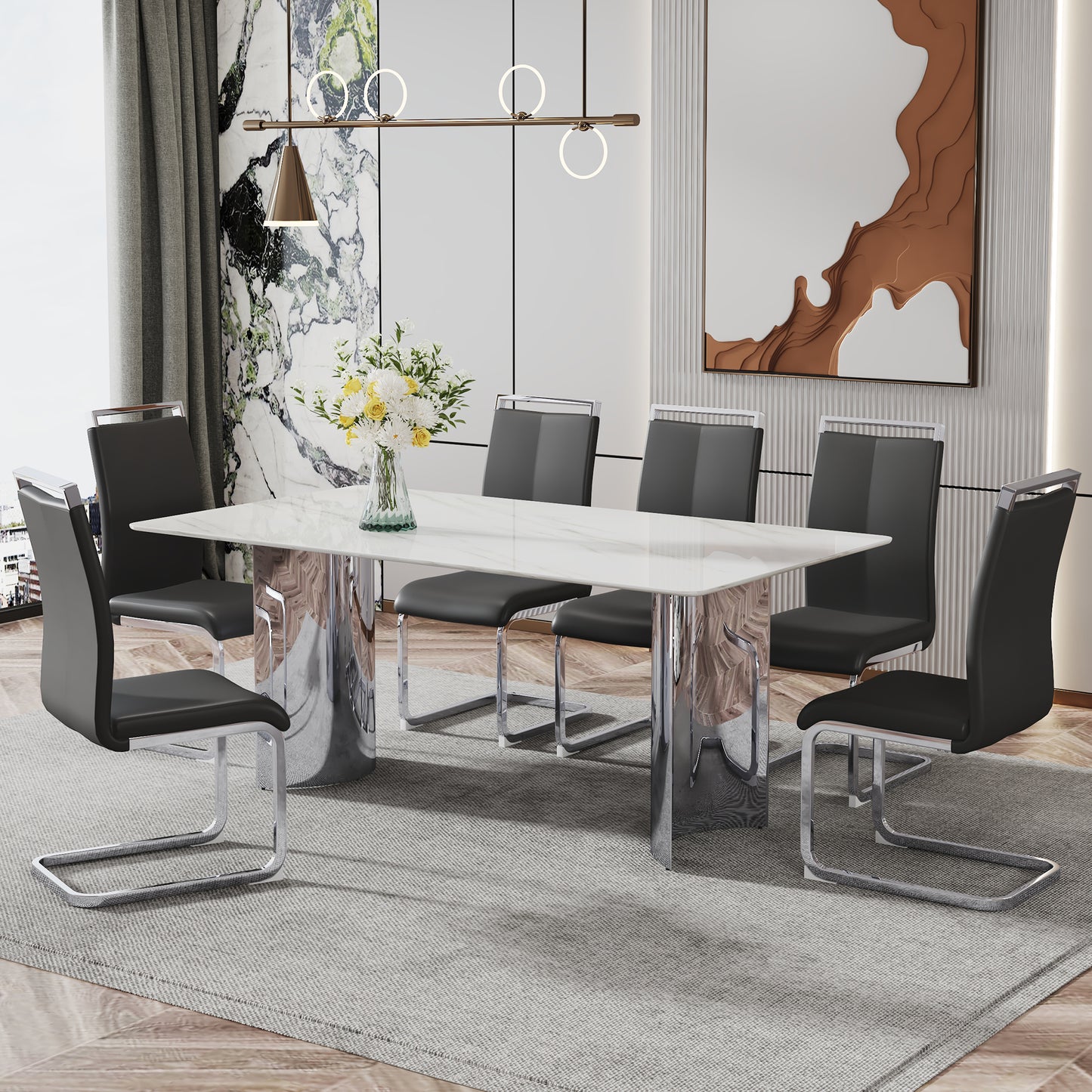 Modern minimalist dining table. The white imitation marble glass desktop is equipped with silver metal legs. Suitable for restaurants and living rooms 71" *39.3" *29.5" DT-69