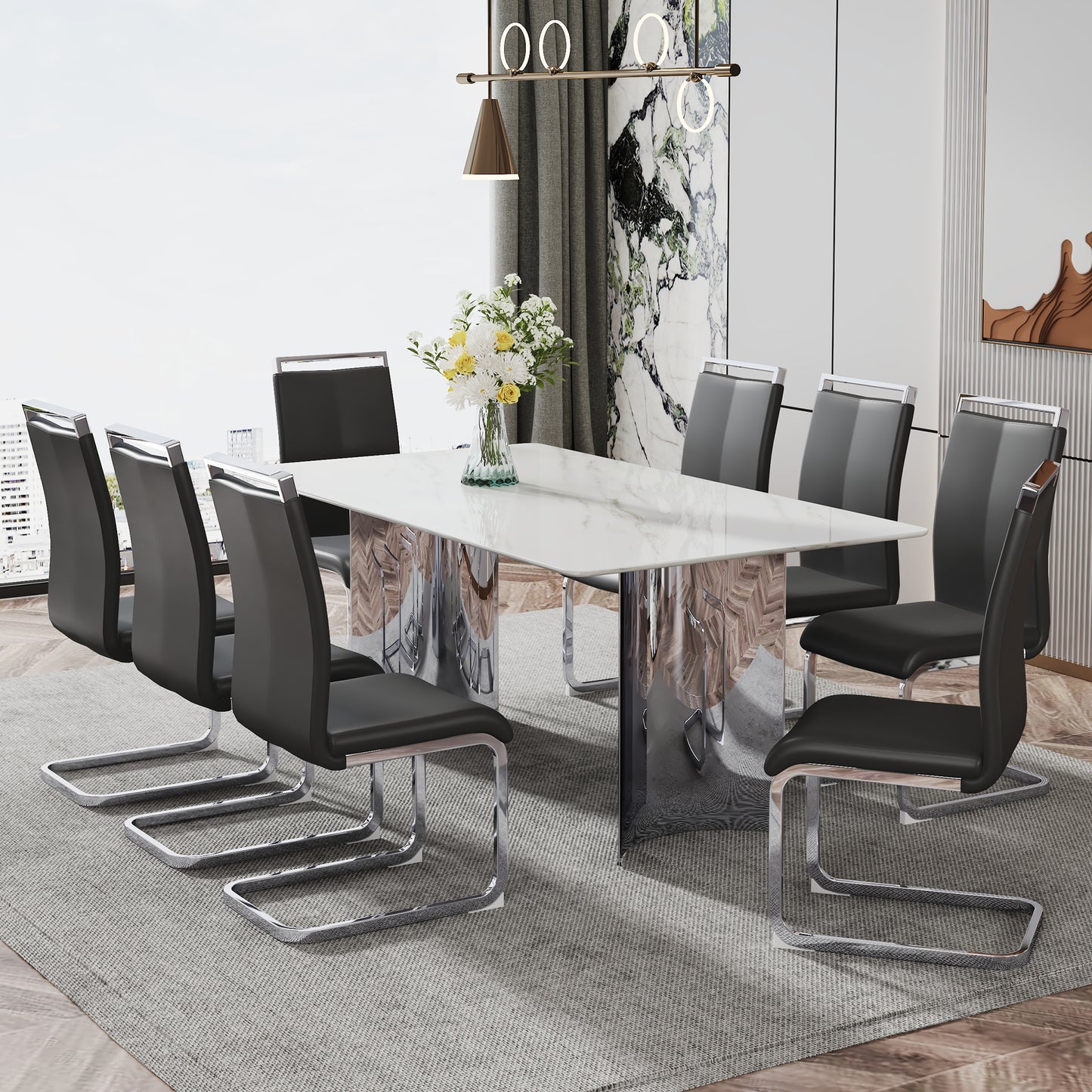 Modern minimalist dining table. The white imitation marble glass desktop is equipped with silver metal legs. Suitable for restaurants and living rooms 71" *39.3" *29.5" DT-69