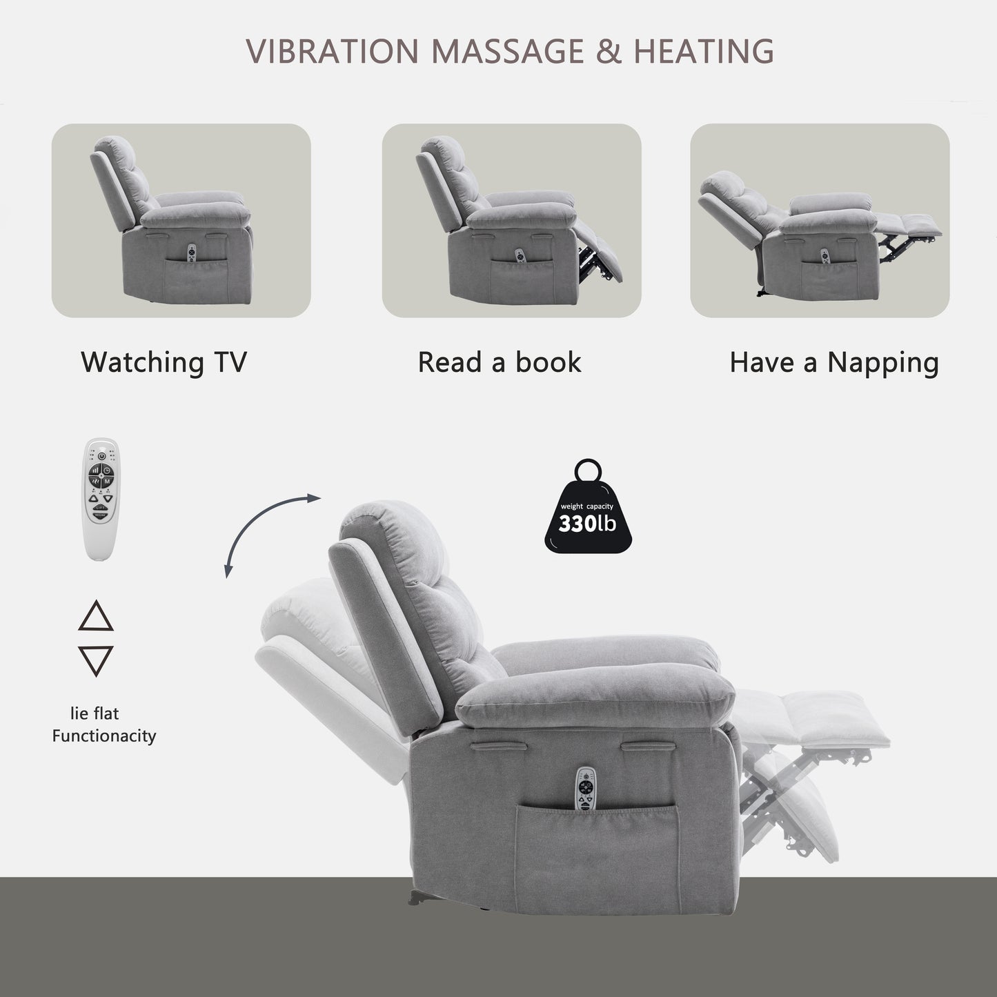 Power Recliner Chair with Adjustable Massage Function, Recliner Chair with Heating System for Living Room, Light Gray color fabric