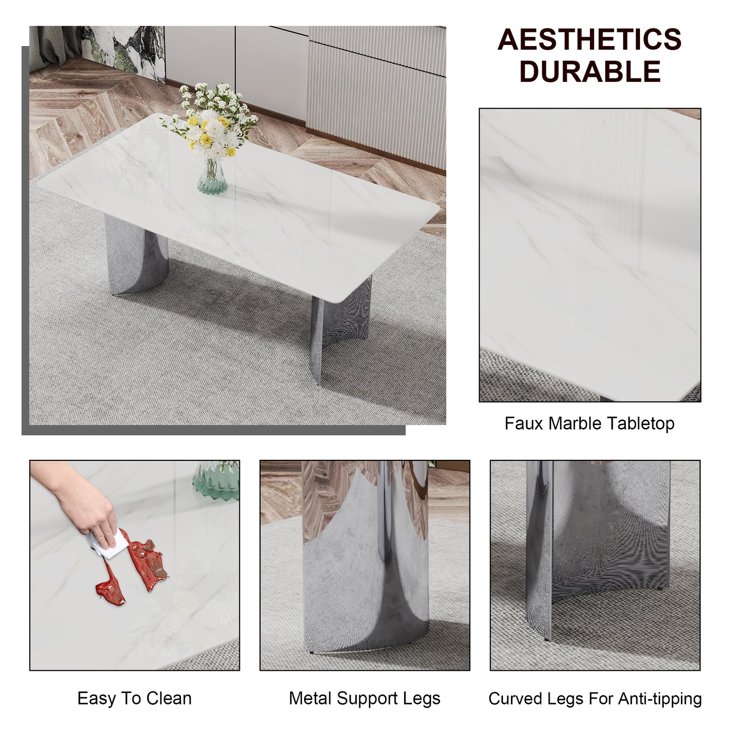 Modern minimalist dining table. The white imitation marble glass desktop is equipped with silver metal legs. Suitable for restaurants and living rooms 71" *39.3" *29.5" DT-69