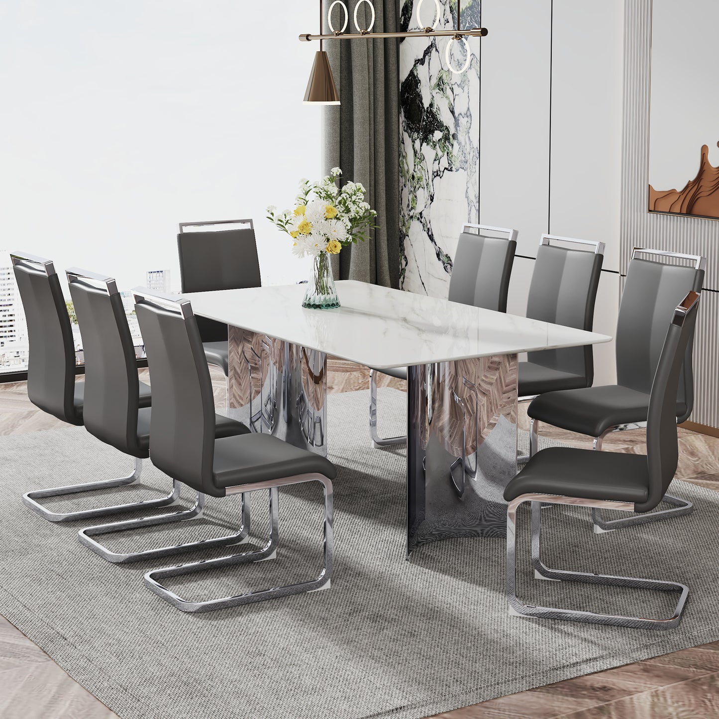 Modern minimalist dining table. The white imitation marble glass desktop is equipped with silver metal legs. Suitable for restaurants and living rooms 71" *39.3" *29.5" DT-69