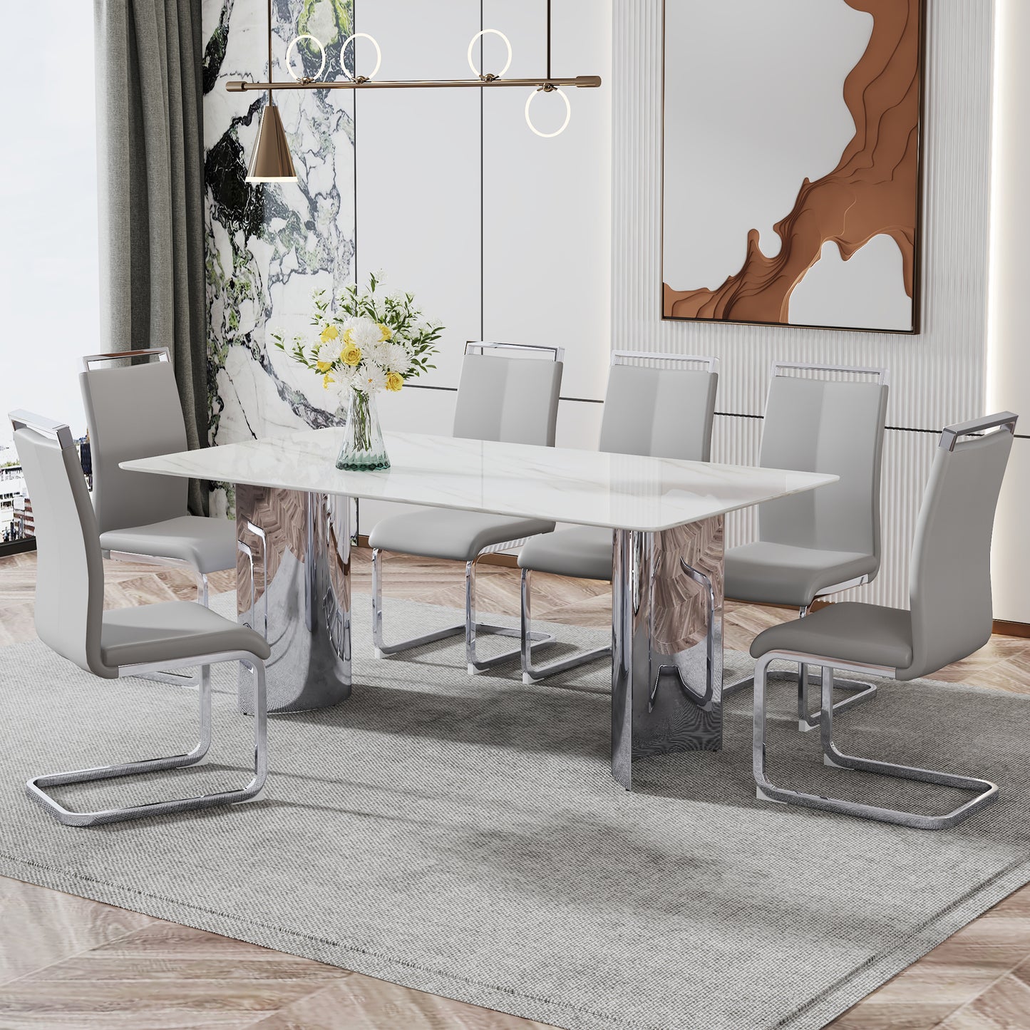 Modern minimalist dining table. The white imitation marble glass desktop is equipped with silver metal legs. Suitable for restaurants and living rooms 71" *39.3" *29.5" DT-69