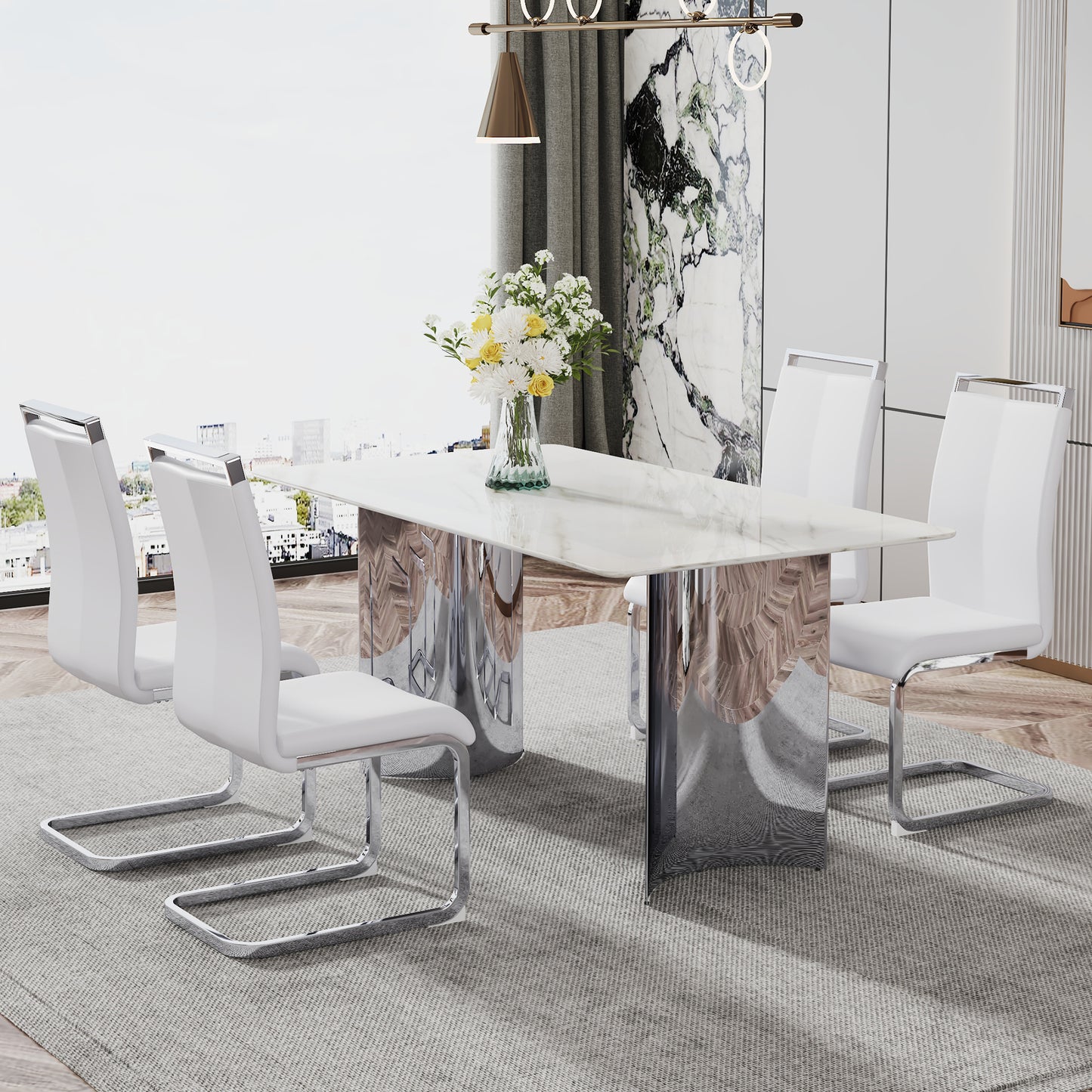 Modern minimalist dining table. White imitation marble glass sticker desktop, stainless steel legs, stable and beautiful. Suitable for living room and dining room 63" *35.4" *29.5" DT-69