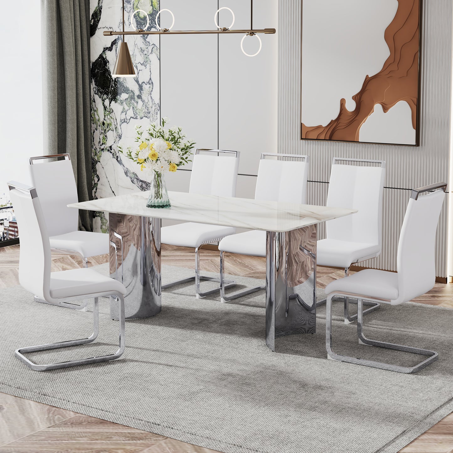 Modern minimalist dining table. White imitation marble glass sticker desktop, stainless steel legs, stable and beautiful. Suitable for living room and dining room 63" *35.4" *29.5" DT-69