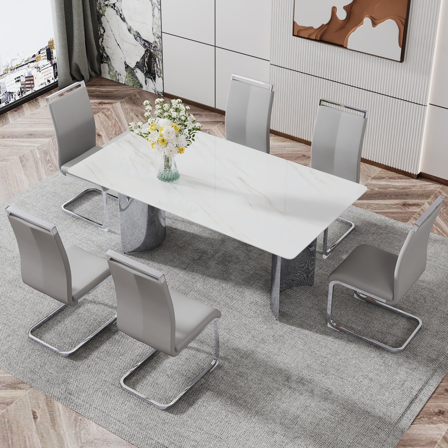 Modern minimalist dining table. The white imitation marble glass desktop is equipped with silver metal legs. Suitable for restaurants and living rooms 71" *39.3" *29.5" DT-69