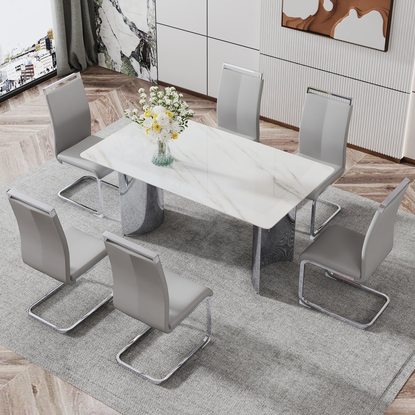 Modern minimalist dining table. White imitation marble glass sticker desktop, stainless steel legs, stable and beautiful. Suitable for living room and dining room 63" *35.4" *29.5" DT-69