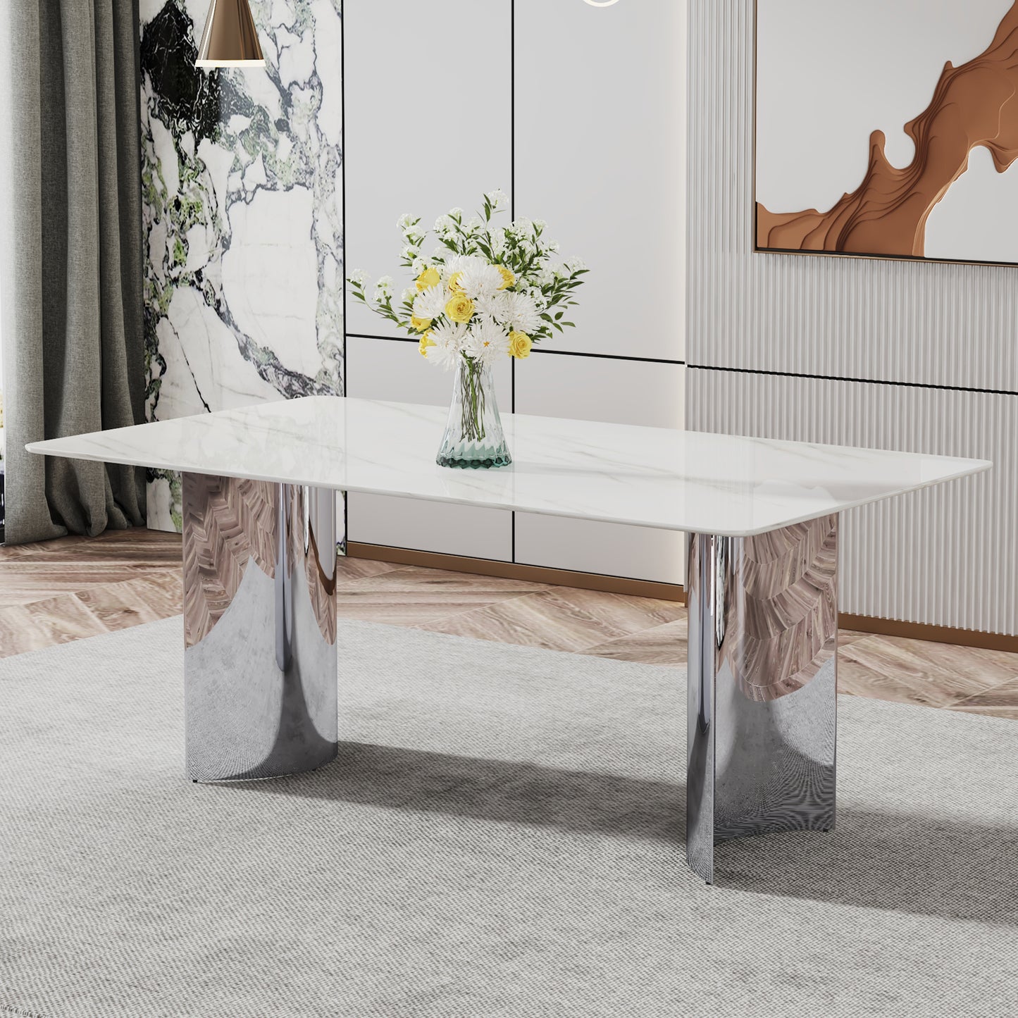 Modern minimalist dining table. The white imitation marble glass desktop is equipped with silver metal legs. Suitable for restaurants and living rooms 71" *39.3" *29.5" DT-69