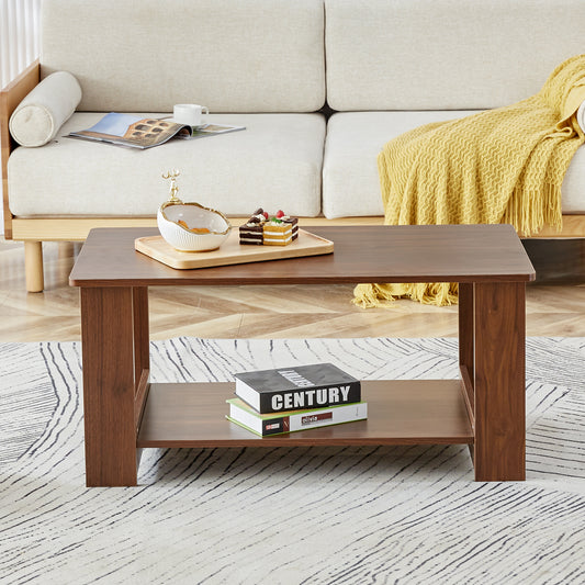 Modern minimalist walnut colored double layered rectangular coffee table ,tea table.MDF material is more durable,Suitable for living room, bedroom, and study room.19.6"*35.4"*16.5" CT-16