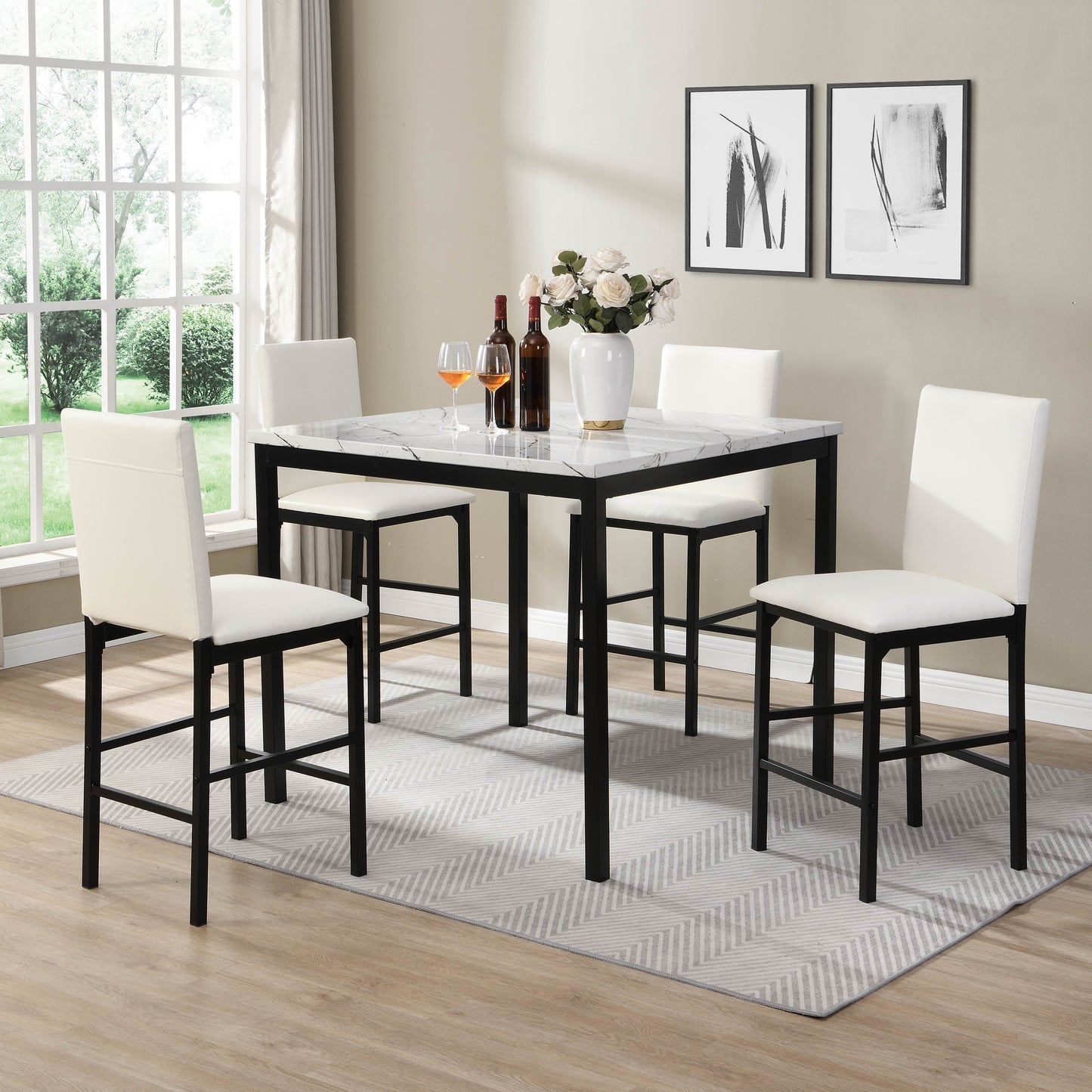 White Counter Height Chairs 4pc Set Black Metal Frame Casual Dining Room Furniture Faux Leather Upholstered