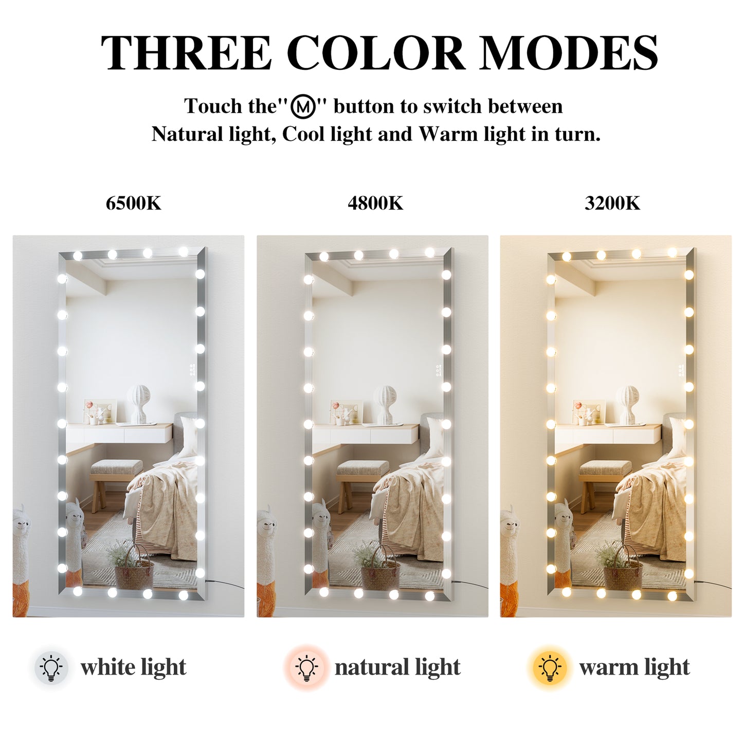 Hollywood Full Length Mirror with Lights Oversized Full Body Vanity Mirror with 3 Color Modes Lighted Large Standing Floor Mirror for Dressing Room Bedroom Hotel Touch Control,Silver,72X32 Inch