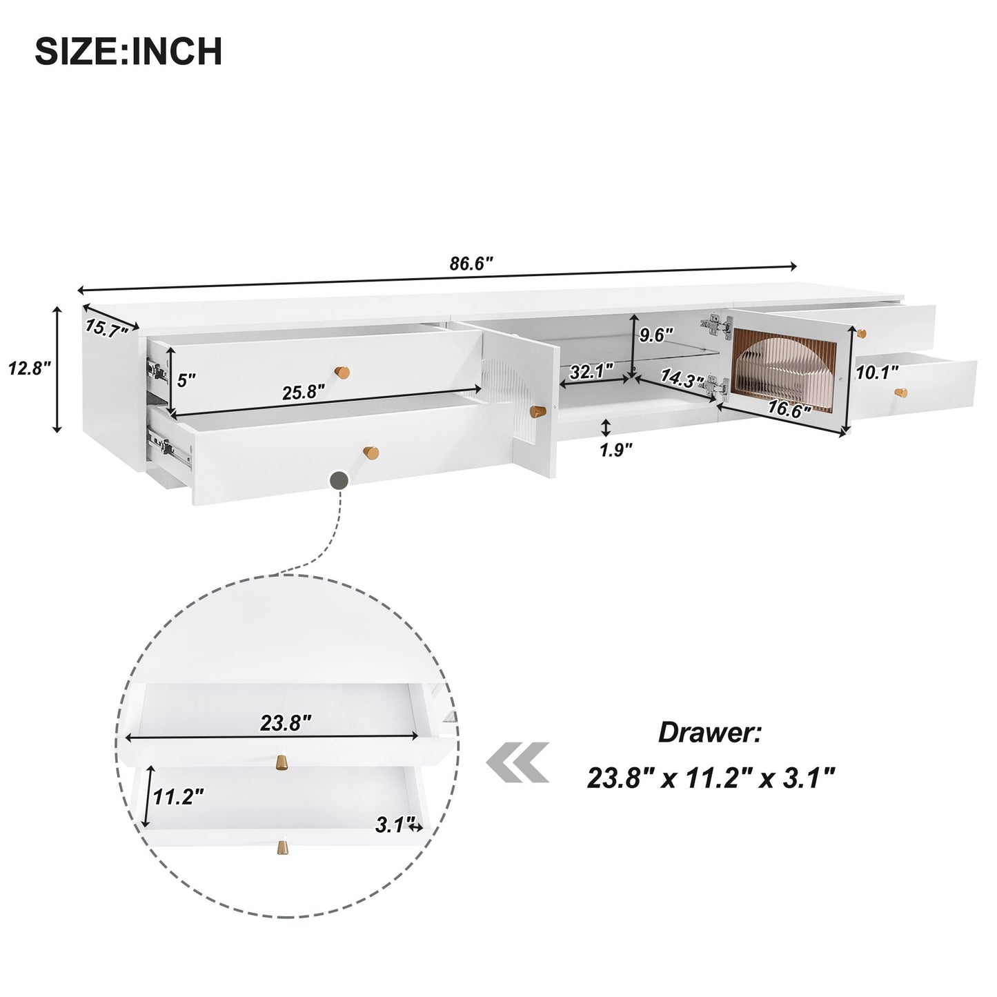 ON-TREND Luxurious TV Stand with Fluted Glass Doors, Elegant and Functional Media Console for TVs Up to 95'', Tempered Glass Shelf TV Cabinet with Multiple Storage Options, White