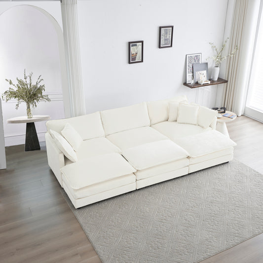 （座位/搁脚凳数量可定制）Comfortable Deep Seat Reversible Modular 6 Seater Sectional Super Soft Sofa U Shaped Sectional Couch with 3 Ottomans, 3 Toss Pillows and 2 Arm Pillows