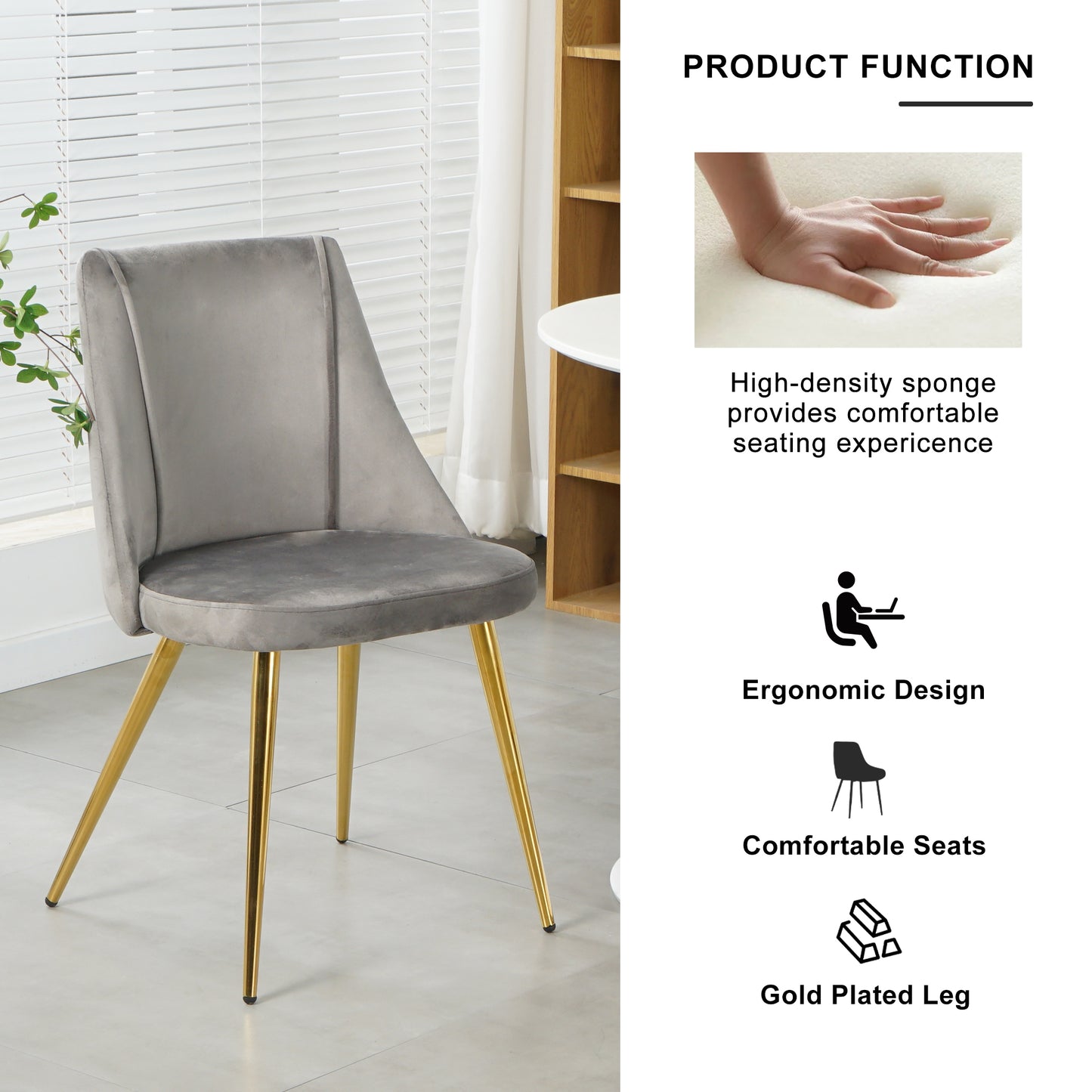 （最后2个库存）Modern simple light luxury dining grey chair home bedroom stool back dressing chair student desk chair gold metal legs(set of 4)