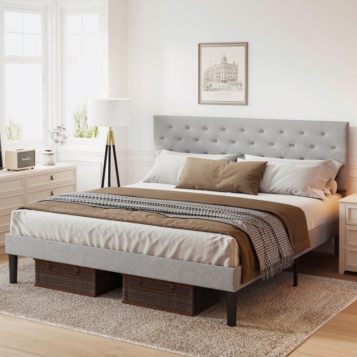 Simple King Size Grey Bed frame, Adjustable Headboard