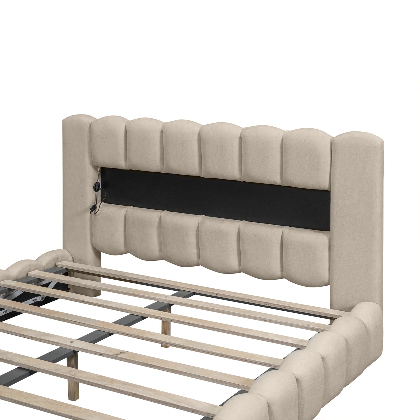 （缺货，同款深灰色有货）Queen Size Upholstered Platform Bed with LED Headboard and USB, Beige