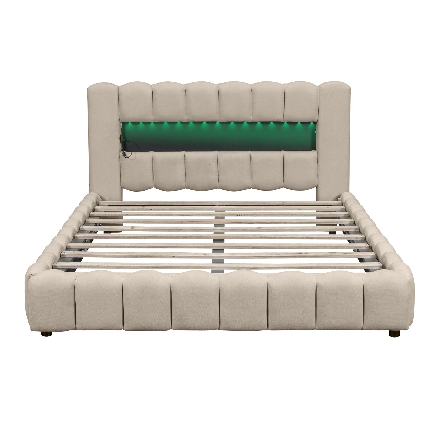 （缺货，同款深灰色有货）Queen Size Upholstered Platform Bed with LED Headboard and USB, Beige